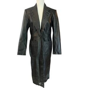 Vintage Newport News Leather Long Duster Coat Black Laser Cutout Womens Small
